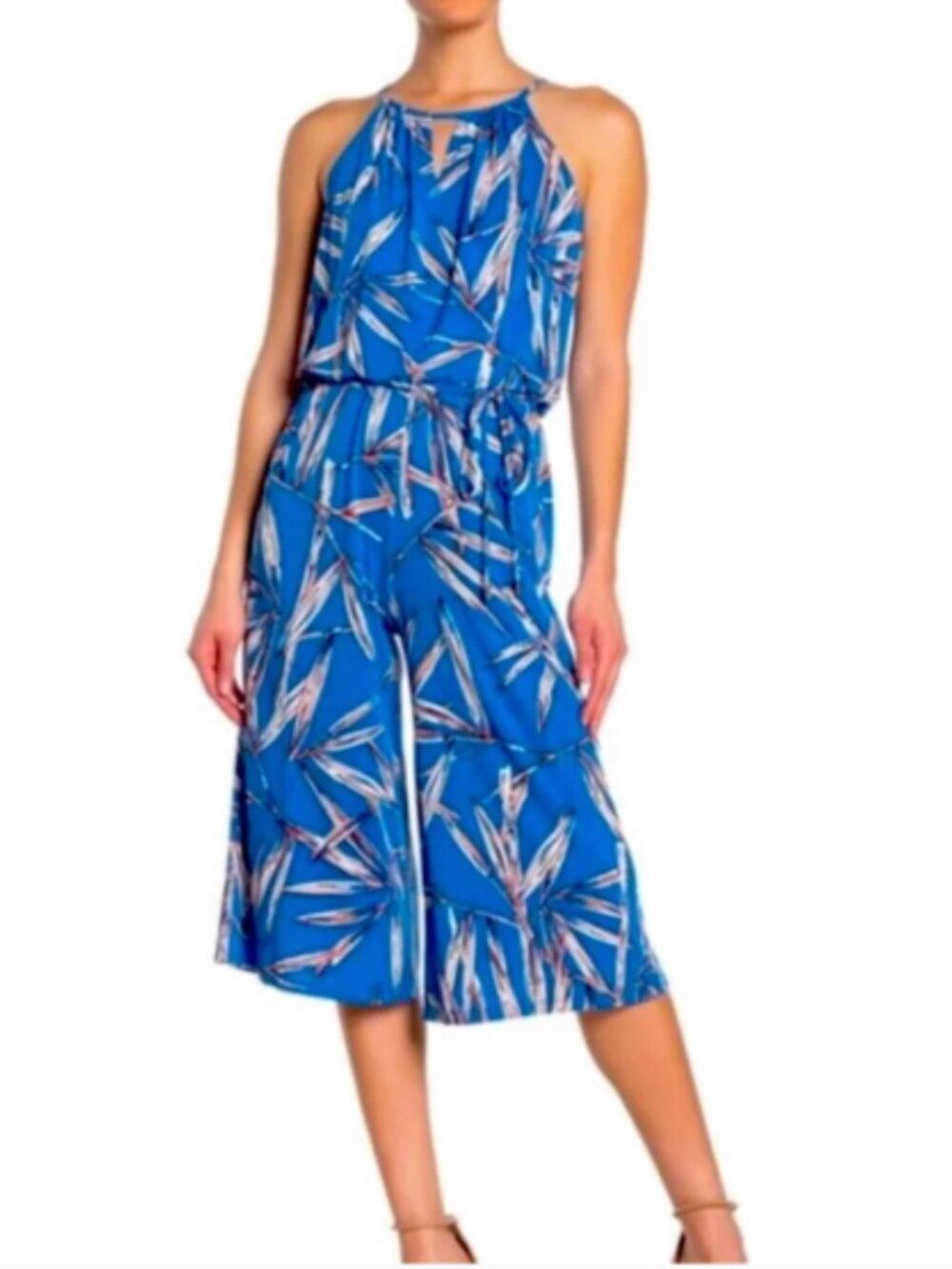 London Times Jumpsuit, Royal Blue Tropical Print, size 8